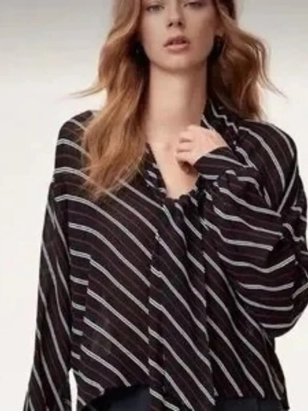 Aritzia Wilfred Perle Sheer Striped Tie Neck Blouse Medium Comfy Business Casual